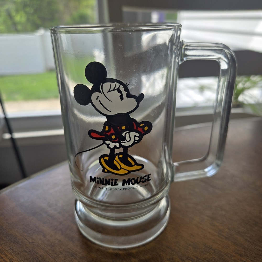 Vintage Minne Mouse Pedestal Clear Glass Mug Thick Bottom Glass With Handle